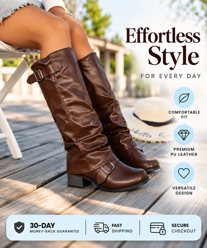 PU Leather Low Heel Long Boots