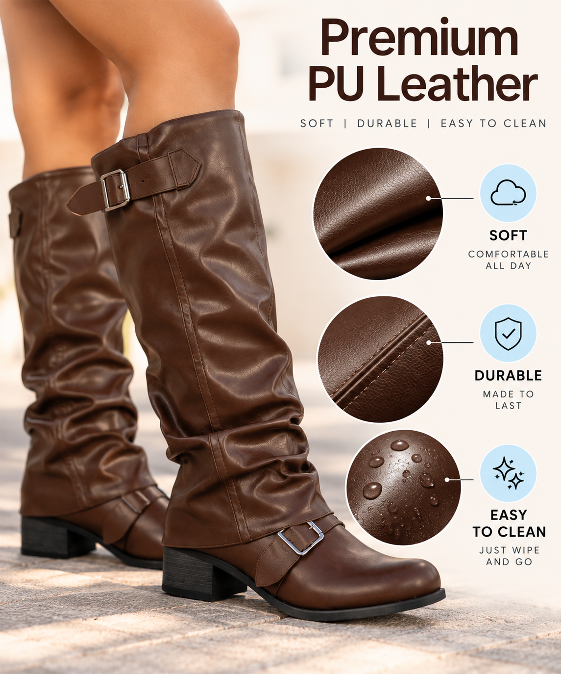PU Leather Low Heel Long Boots