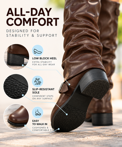 PU Leather Low Heel Long Boots