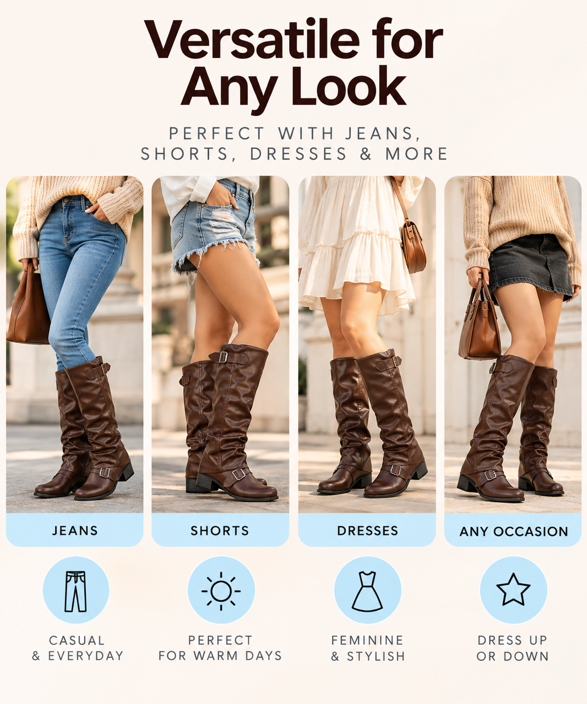 PU Leather Low Heel Long Boots